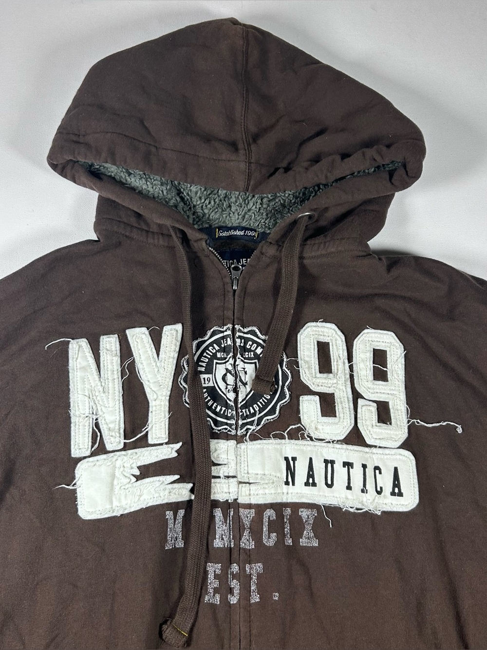 Nautica Mens 3XL Brown Full Zip Hoodie Sherpa Vintage Y2k Embroidery Distressed